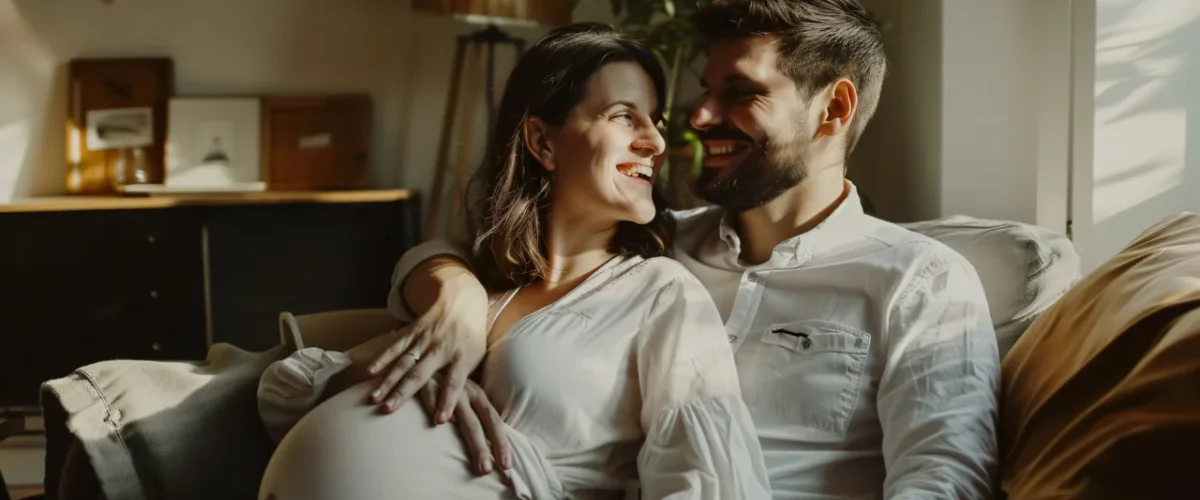 expecting couple on a sofa in warm lamp light