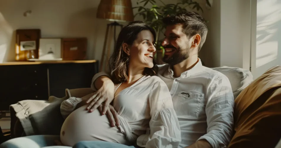 expecting couple on a sofa in warm lamp light