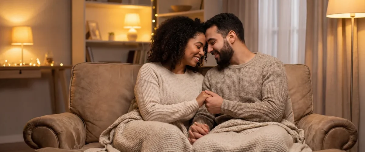 couple under a blanket on a sofa, foreheads touching