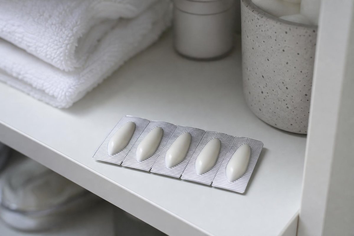 Silver foil blister strip with five cream suppositories on a cabinet shelf beside folded white towels