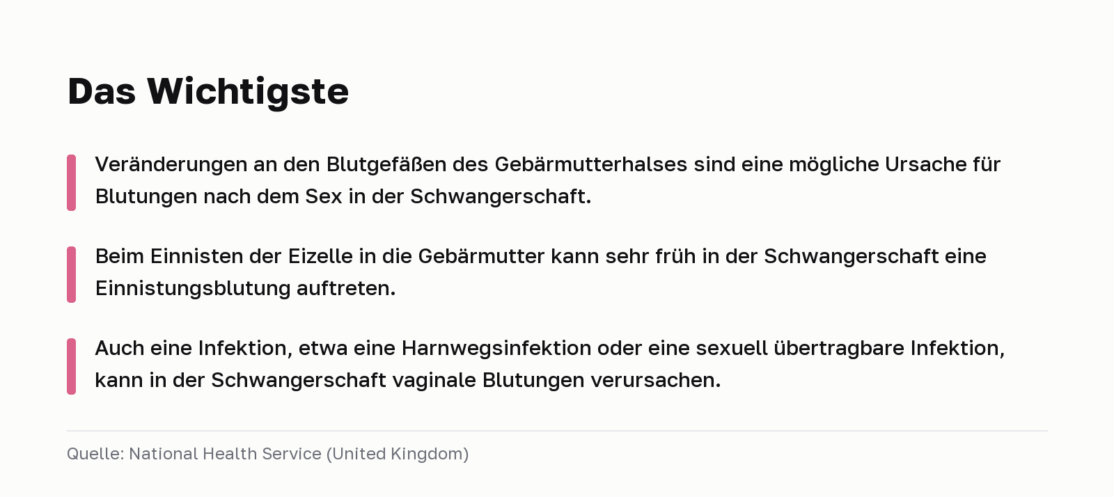Das Wichtigste. Veränderungen an den Blutgefäßen des Gebärmutterhalses sind eine mögliche Ursache für Blutungen nach dem Sex in der Schwangerschaft. Beim Einnisten der Eizelle in die Gebärmutter kann sehr früh in der Schwangerschaft eine Einnistungsblutung auftreten. Auch eine Infektion, etwa eine Harnwegsinfektion oder eine sexuell übertragbare Infektion, kann in der Schwangerschaft vaginale Blutungen verursachen. Quelle: National Health Service (United Kingdom).