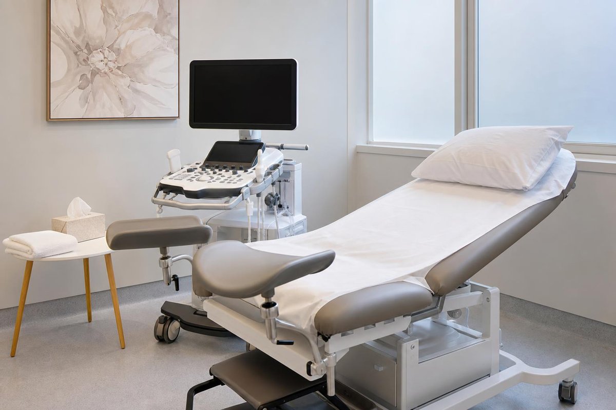 Leeres gynäkologisches Untersuchungszimmer mit Liege, ausgeschaltetem Ultraschallgerät und Beistelltisch mit Handtuch