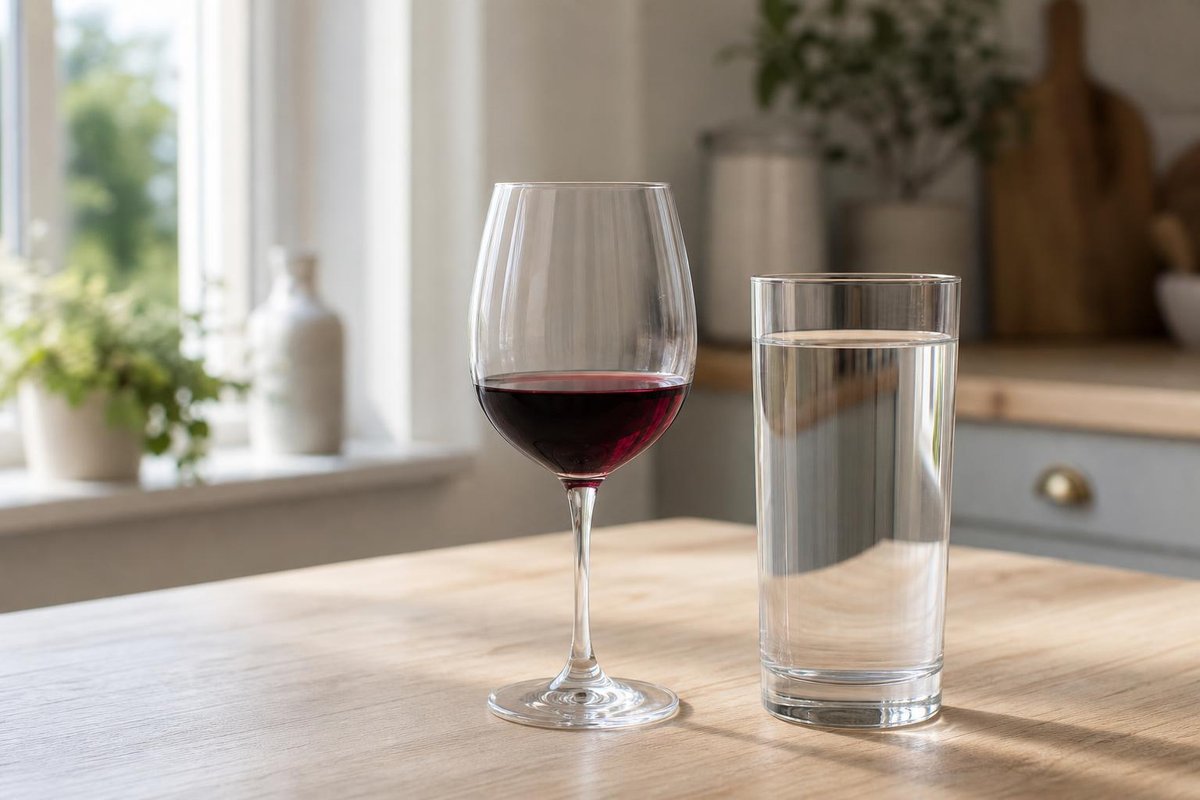 Copo de vinho tinto meio cheio ao lado de um copo alto de água numa mesa de madeira clara