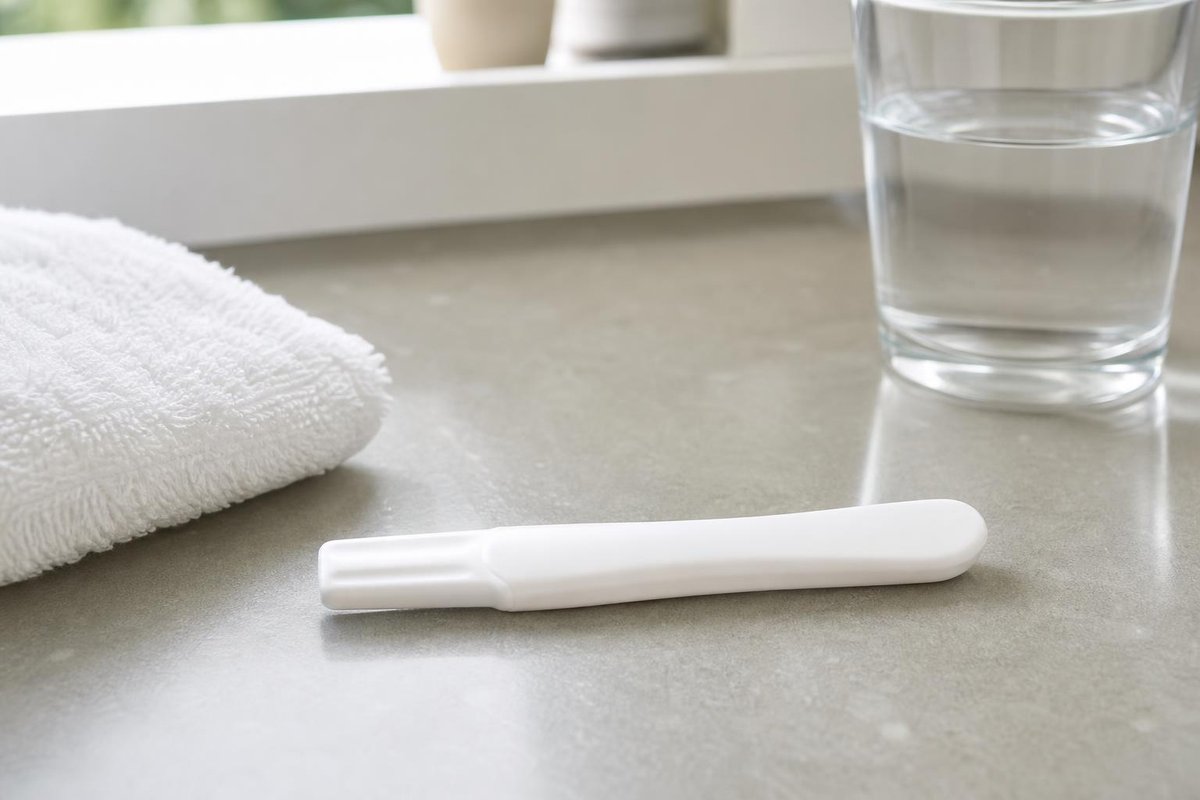 Teste de gravidez branco liso sobre uma bancada cinza clara ao lado de uma toalha dobrada e um copo de água