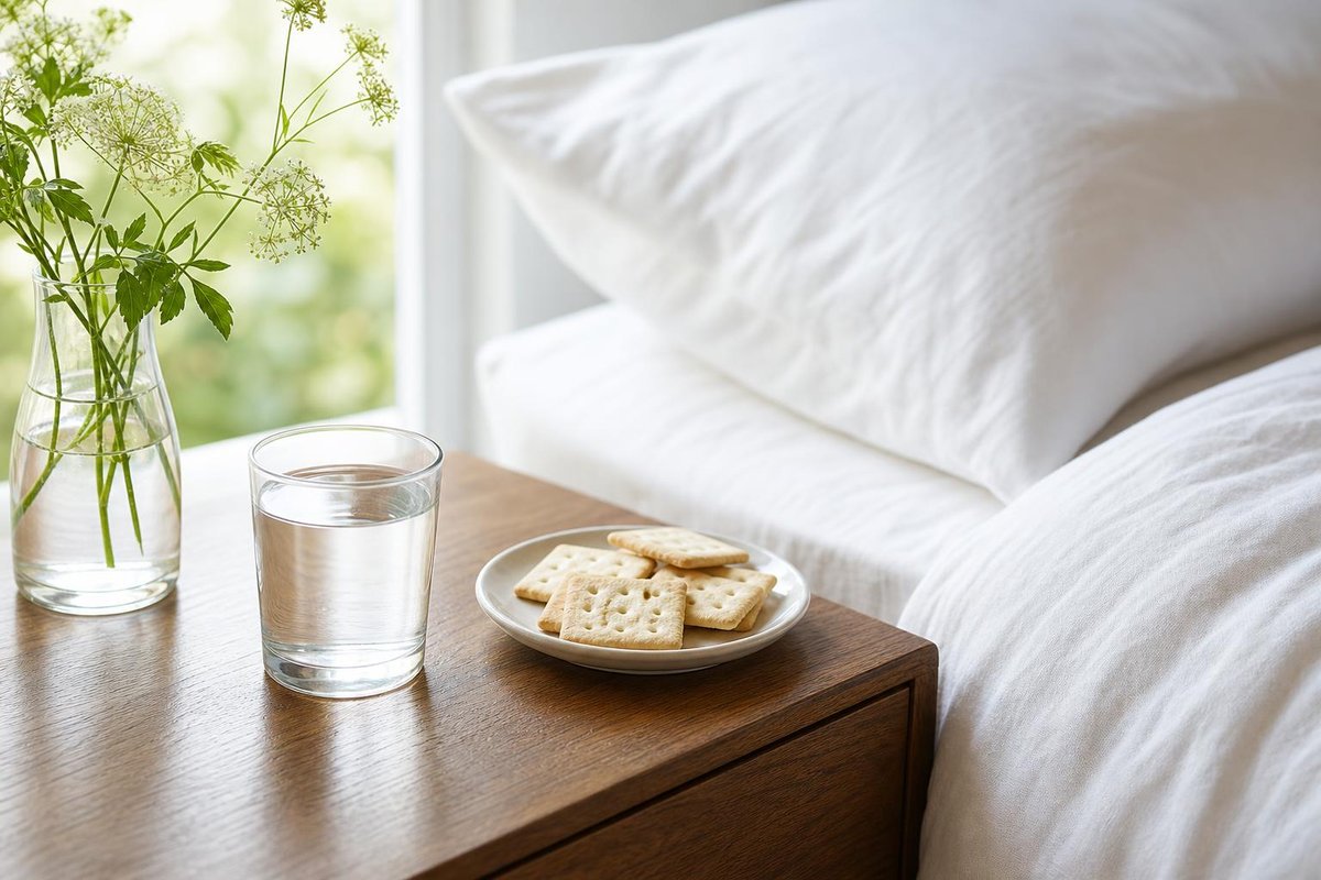 Glas Wasser und ein Tellerchen mit trockenen Crackern auf einem Nachttisch neben einem weißen Bett