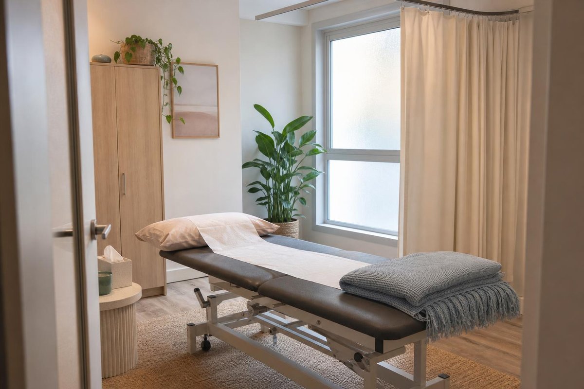 Calm physiotherapy room with a treatment couch, paper sheet, pillow and folded blue blanket by a frosted window
