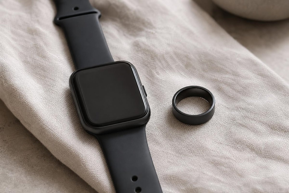 Montre connectée noire à bracelet en silicone et bague connectée lisse sur un lin clair