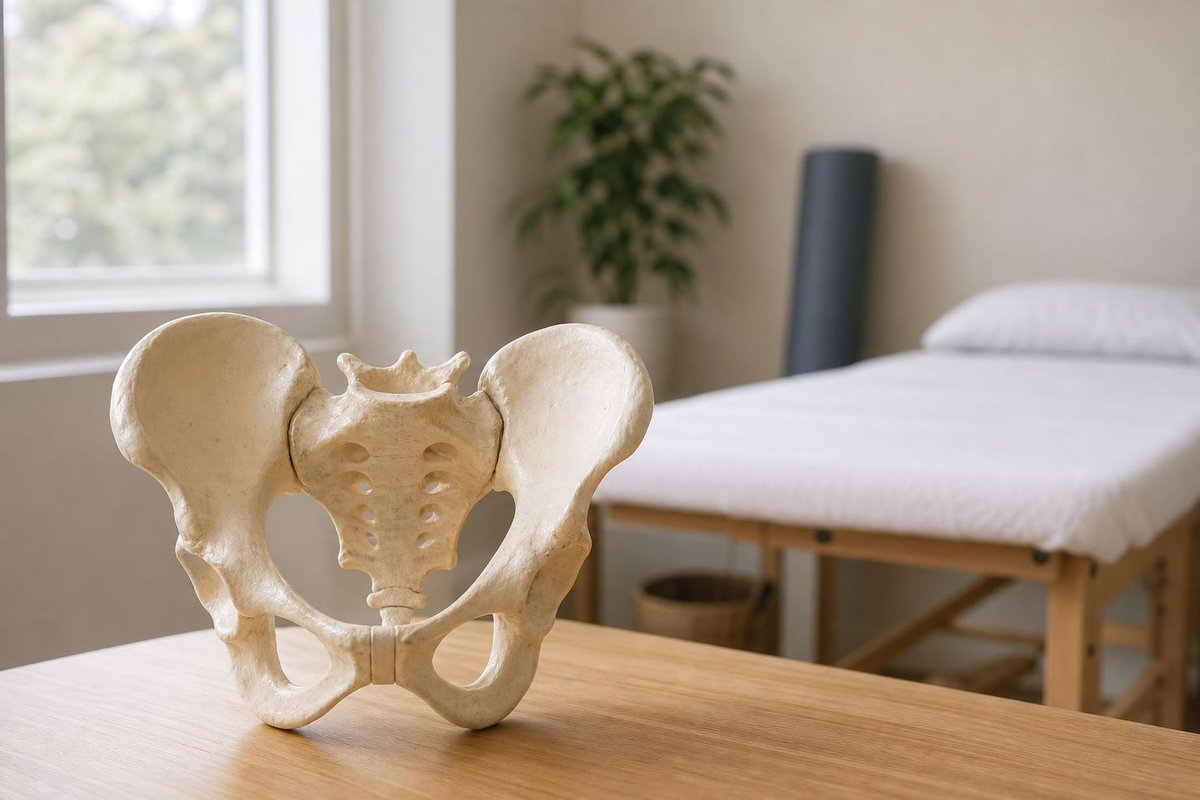 Modello anatomico di bacino su una scrivania di legno, lettino e pianta sfocati sullo sfondo