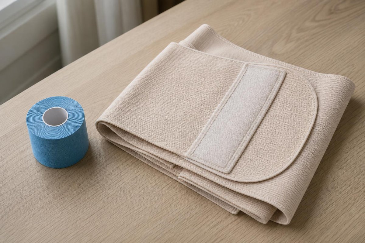 Folded beige postpartum abdominal binder with hook-and-loop closure beside a pale blue roll of kinesiology tape on light oak