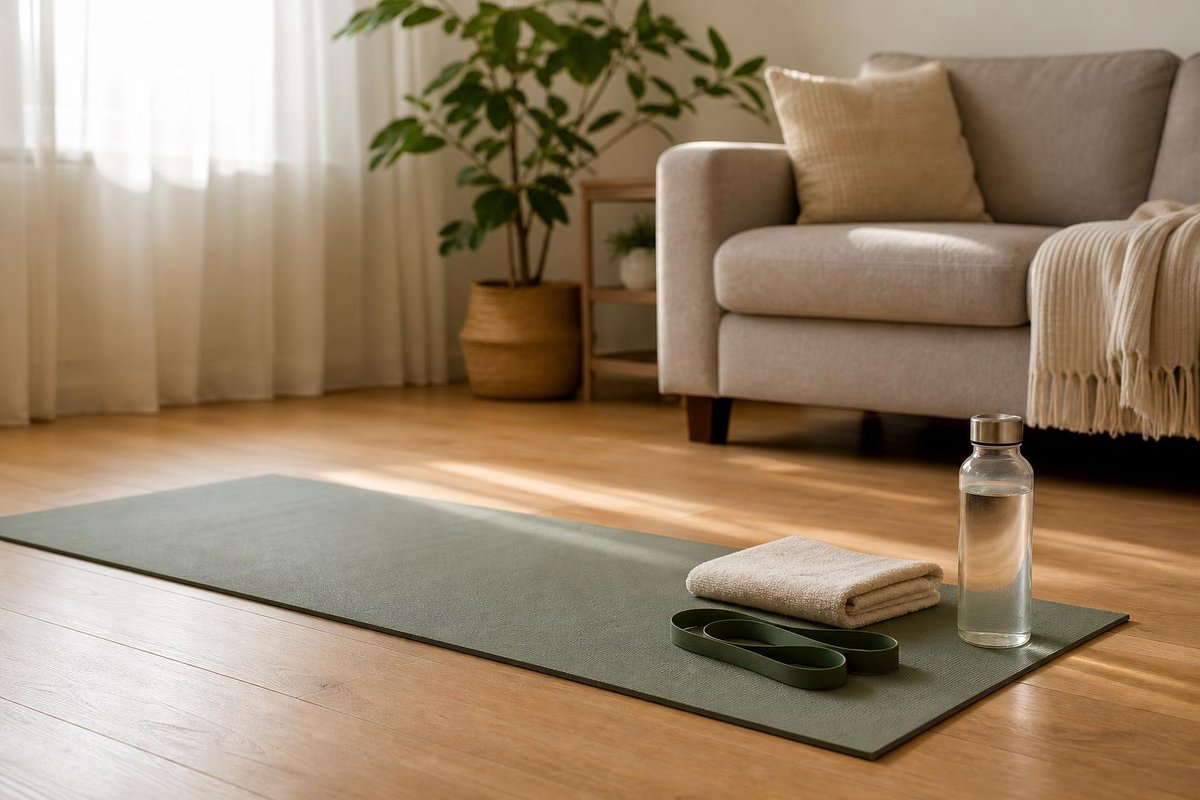 Sage green exercise mat on a wooden floor with a folded towel, resistance band and water bottle