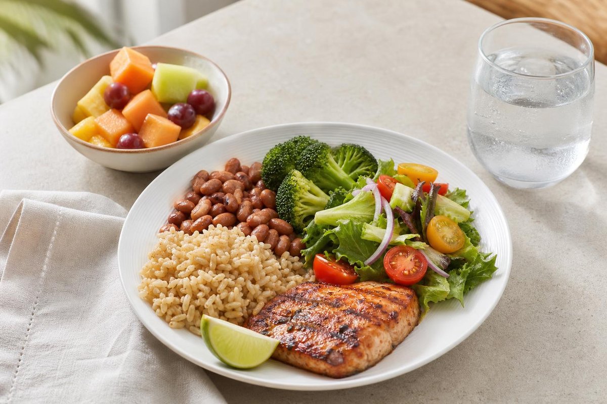 Prato com arroz integral, peixe grelhado, feijão, brócolos e salada ao lado de uma taça de fruta e um copo de água
