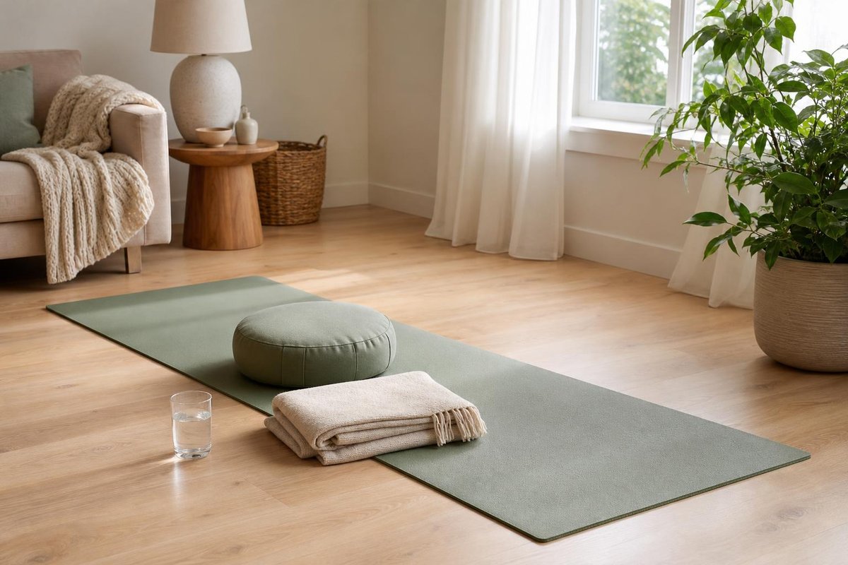 Tapis vert sauge sur un parquet clair avec coussin rond, plaid plié, verre d'eau et plante près de la fenêtre