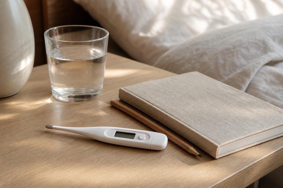 Digitales Thermometer mit leerem Display, Bleistift, leinengebundenes Notizbuch und Wasserglas auf einem Nachttisch aus Holz