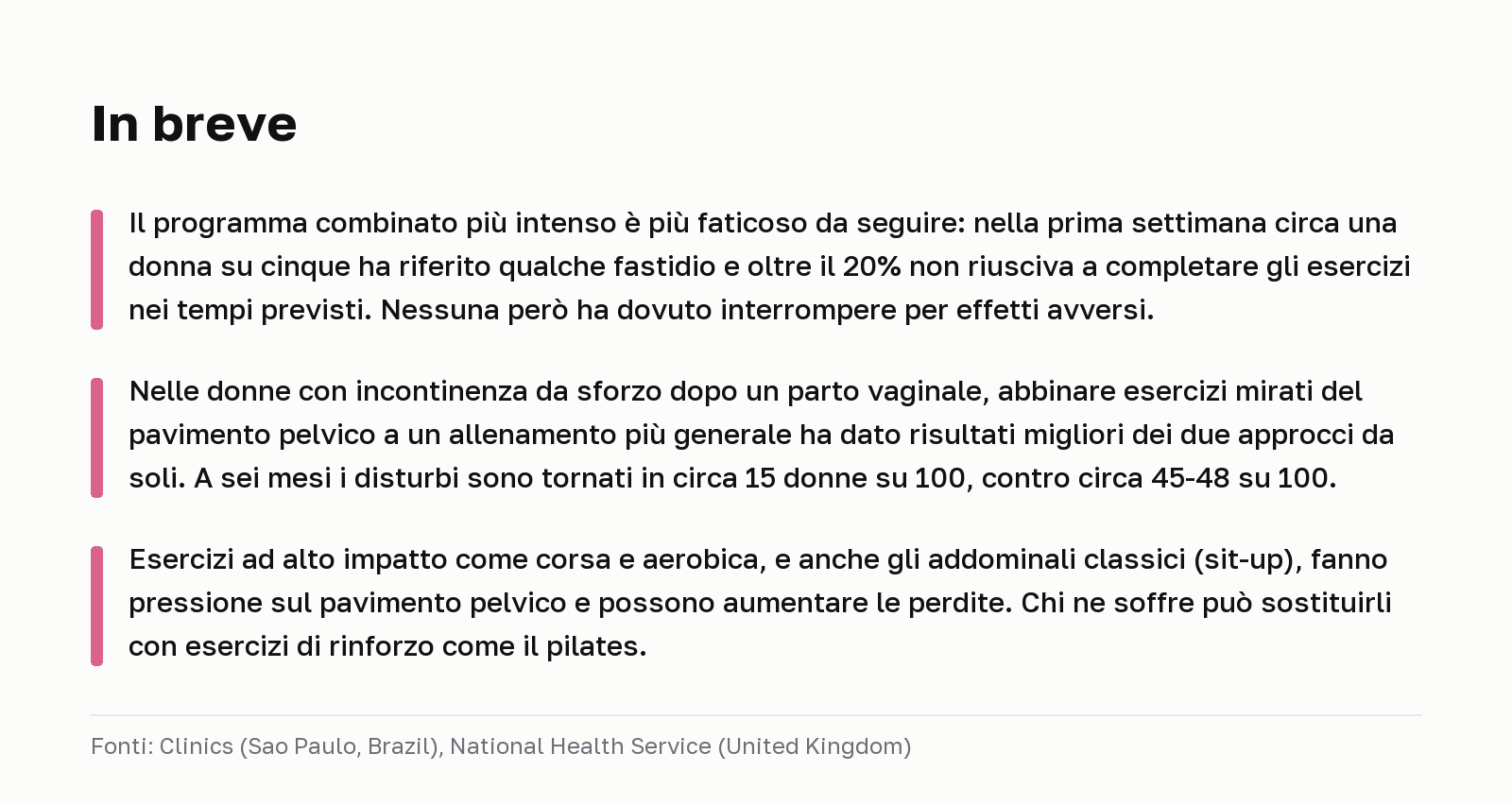 In breve. Il programma combinato più intenso è più faticoso da seguire: nella prima settimana circa una donna su cinque ha riferito qualche fastidio e oltre il 20% non riusciva a completare gli esercizi nei tempi previsti. Nessuna però ha dovuto interrompere per effetti avversi. Nelle donne con incontinenza da sforzo dopo un parto vaginale, abbinare esercizi mirati del pavimento pelvico a un allenamento più generale ha dato risultati migliori dei due approcci da soli. A sei mesi i disturbi sono tornati in circa 15 donne su 100, contro circa 45-48 su 100. Esercizi ad alto impatto come corsa e aerobica, e anche gli addominali classici (sit-up), fanno pressione sul pavimento pelvico e possono aumentare le perdite. Chi ne soffre può sostituirli con esercizi di rinforzo come il pilates. Fonti: Clinics (Sao Paulo, Brazil), National Health Service (United Kingdom).