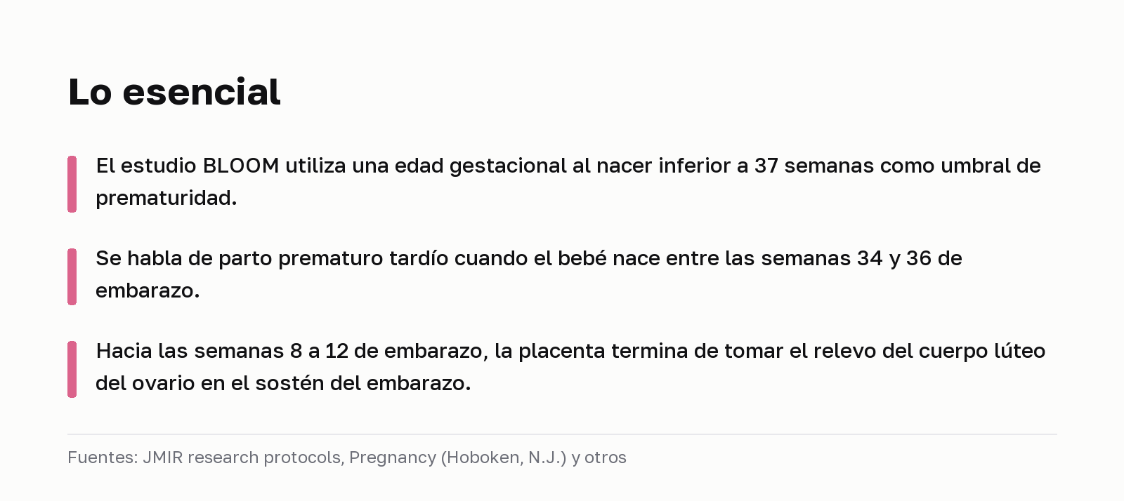 Lo esencial. El estudio BLOOM utiliza una edad gestacional al nacer inferior a 37 semanas como umbral de prematuridad. Se habla de parto prematuro tardío cuando el bebé nace entre las semanas 34 y 36 de embarazo. Hacia las semanas 8 a 12 de embarazo, la placenta termina de tomar el relevo del cuerpo lúteo del ovario en el sostén del embarazo. Fuentes: JMIR research protocols, Pregnancy (Hoboken, N.J.) y otros.