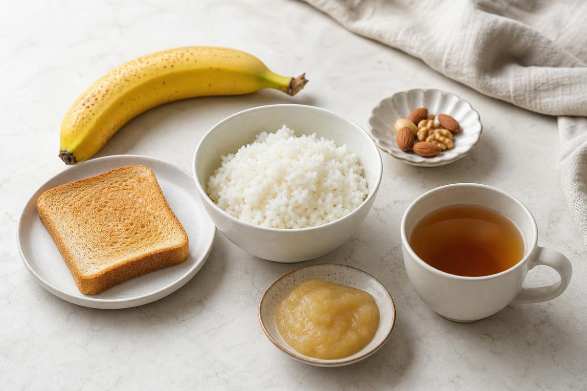 Banane, Schale mit weißem Reis, Apfelmus, Toast, Nüsse und eine Tasse Tee auf heller Arbeitsplatte
