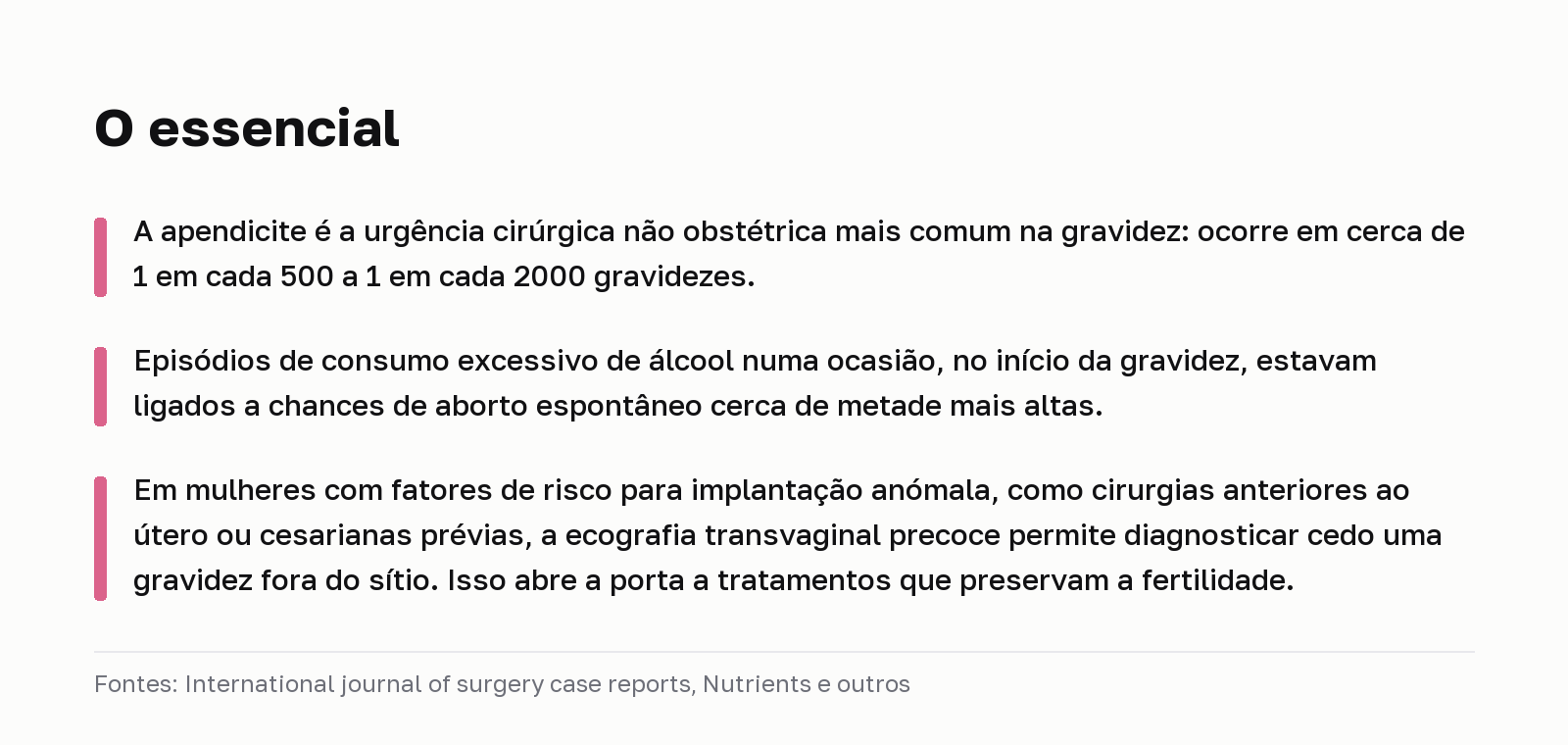 O essencial. A apendicite é a urgência cirúrgica não obstétrica mais comum na gravidez: ocorre em cerca de 1 em cada 500 a 1 em cada 2000 gravidezes. Episódios de consumo excessivo de álcool numa ocasião, no início da gravidez, estavam ligados a chances de aborto espontâneo cerca de metade mais altas. Em mulheres com fatores de risco para implantação anómala, como cirurgias anteriores ao útero ou cesarianas prévias, a ecografia transvaginal precoce permite diagnosticar cedo uma gravidez fora do sítio. Isso abre a porta a tratamentos que preservam a fertilidade. Fontes: International journal of surgery case reports, Nutrients e outros.