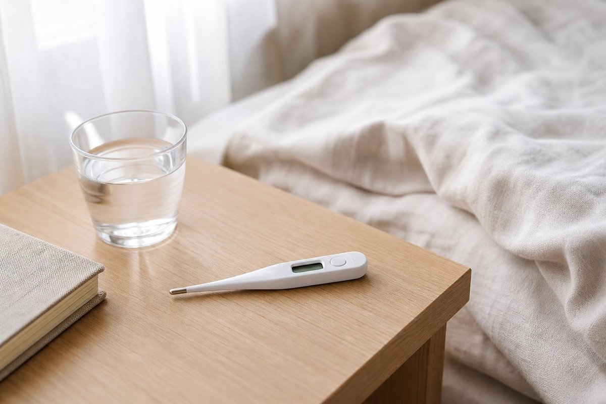 Thermomètre numérique blanc à écran éteint sur une table de chevet en bois près d'un verre d'eau et d'un carnet